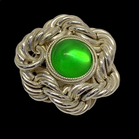 Vintage Laura Vogel silver twist green dome glass round clip earrings - Picture 5 of 7